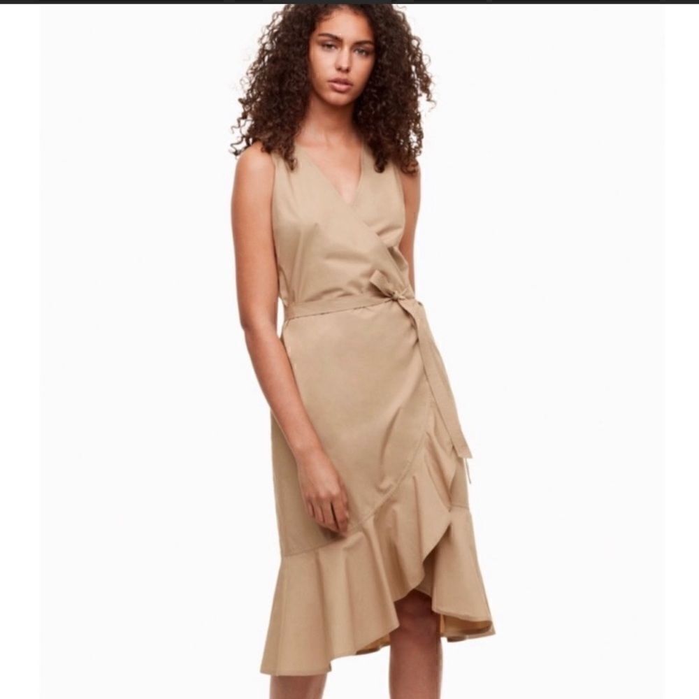 BABATON ARITZIA | Camel‎ Whitlaw Scalloped Hem Wrap Dress Sz. S Small